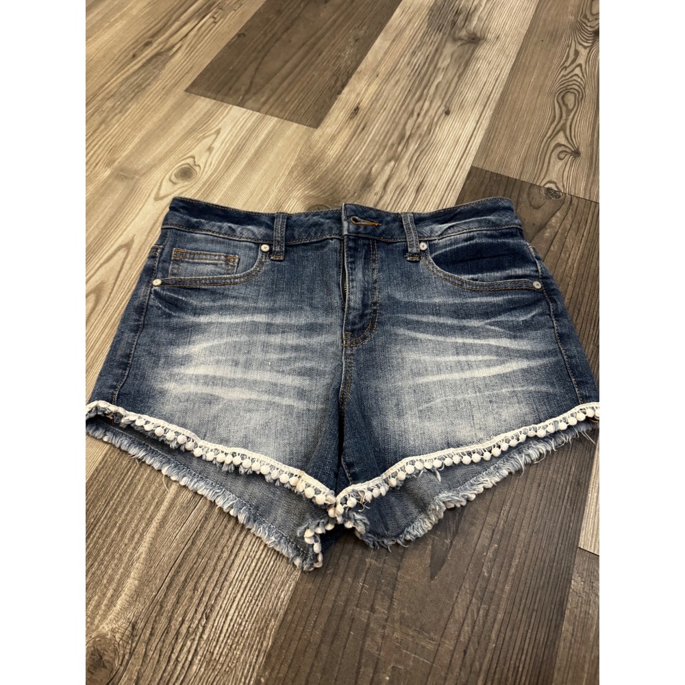 Altar'd State Denim Shorts Medium Wash Pom Pom Trim Frayed Hem Size 26